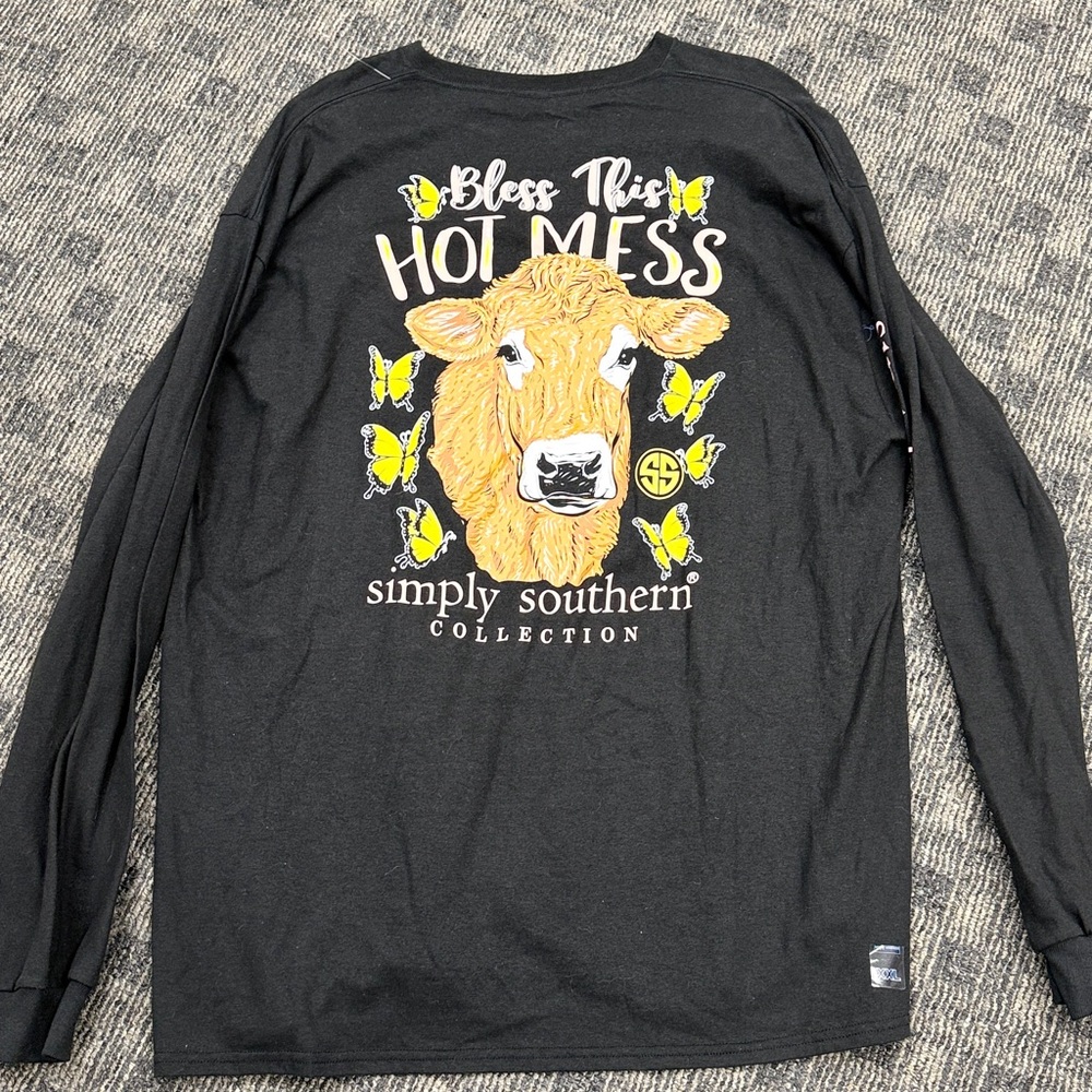 Simply Southern Black Shirt with Cow and Yellow Butterfly‎ Design